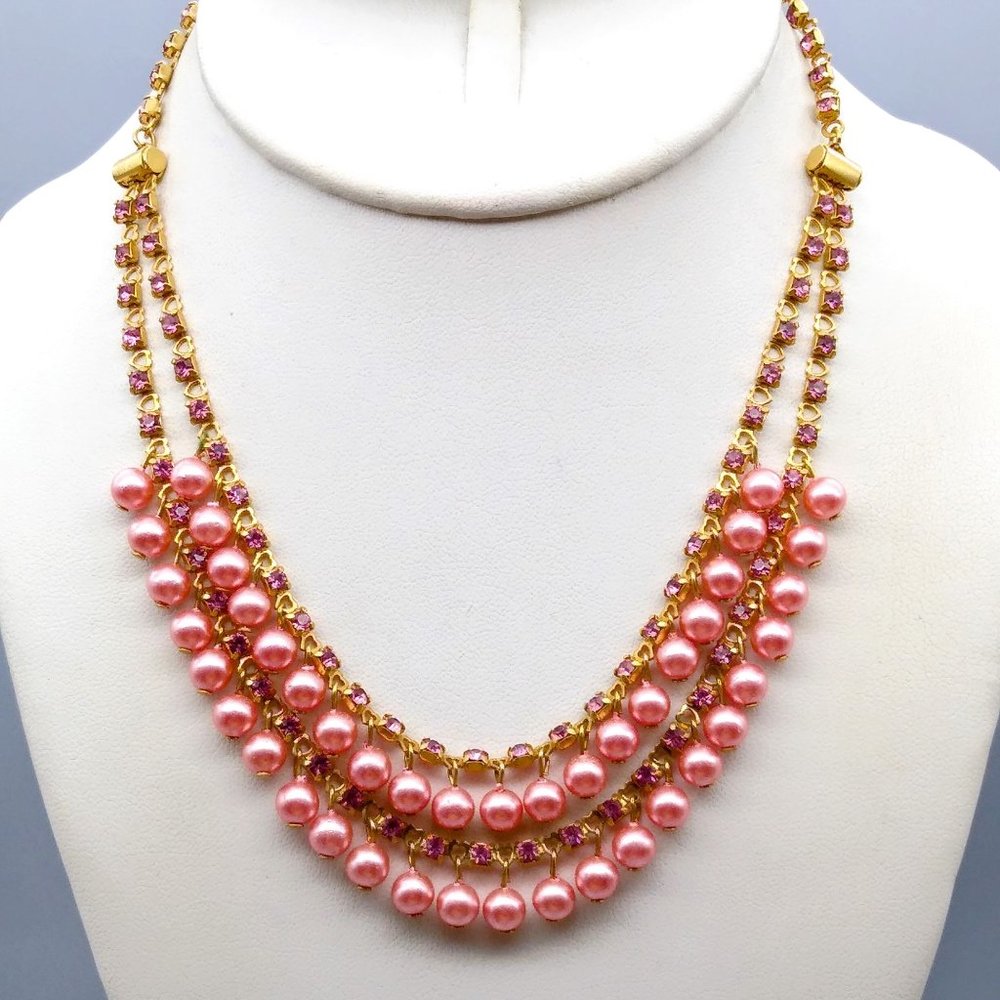 All You Need is Love Coquette Necklace, Pink Faux Pearls on Heart Links Double